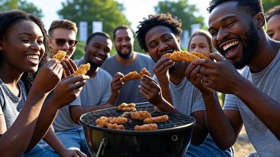 Group enjoying vegan rib fingers at plant-based BBQ