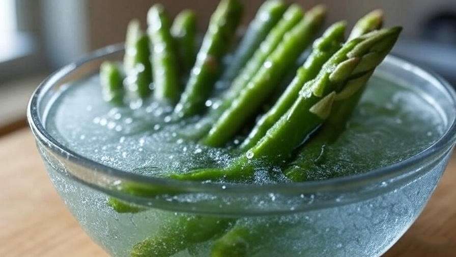 Frozen asparagus thawing in cold water for quick and safe preparation