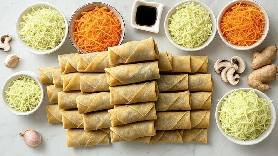 Flat-lay of vegan egg roll ingredients including wrappers, shredded cabbage, carrots, mushrooms, green onions, soy sauce, garlic, and ginger on a white marble surface.