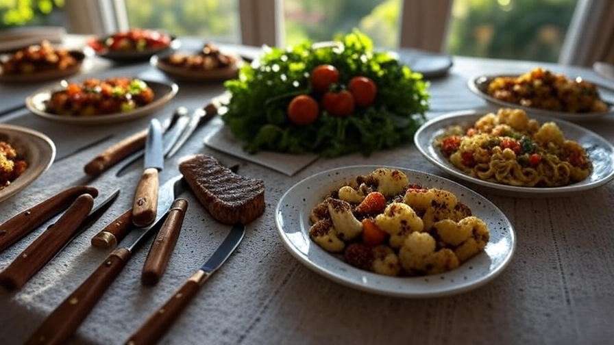 Laguiole steak knives on plant-based dining table with greens and tomatoes in evening light