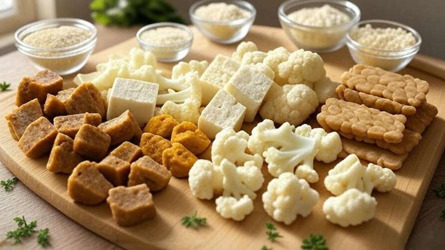 Assorted plant-based ingredients for vegan wing dings chicken recipes including seitan, tofu, cauliflower, jackfruit, and tempeh.