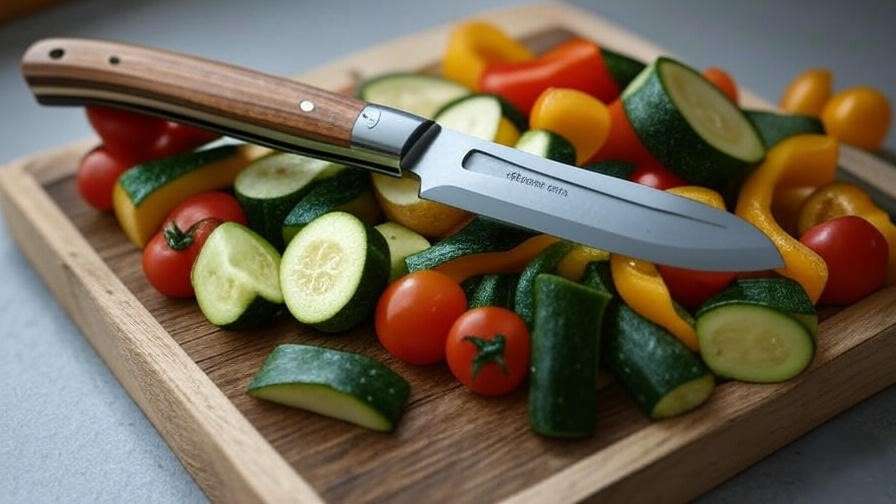 Close-up of Laguiole steak knife slicing fresh vegetables on wooden board