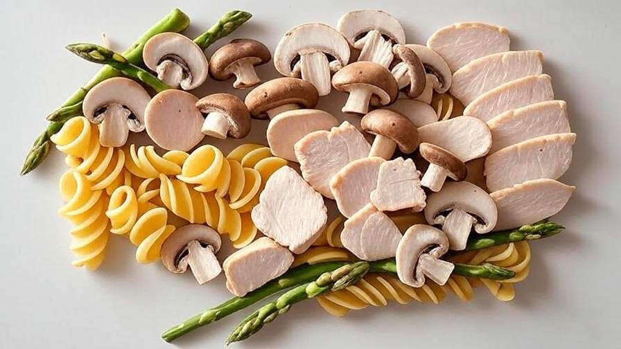 Visual representation of nutrients in creamy mushroom and asparagus chicken penne ingredients.
