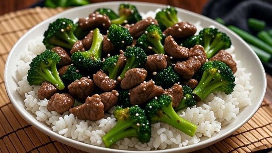 Finished Panda Express copycat broccoli beef served with rice for homemade takeout.