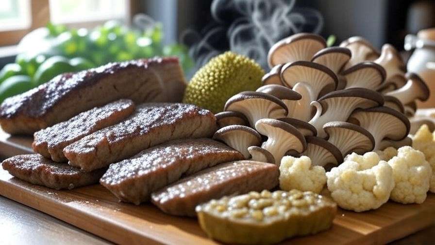 Plant-based alternatives for vegan ribs including seitan, jackfruit, mushrooms, and cauliflower on a cutting board.