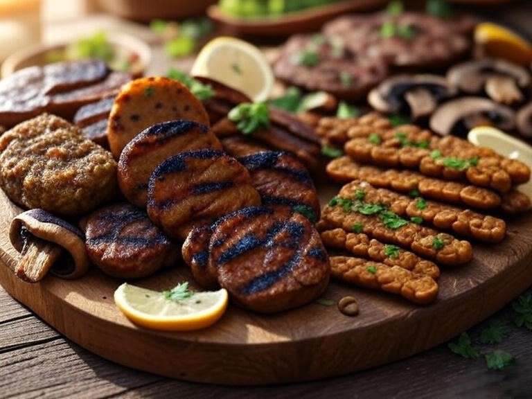 Grilled plant-based flank steak alternatives like seitan and tempeh on platter.