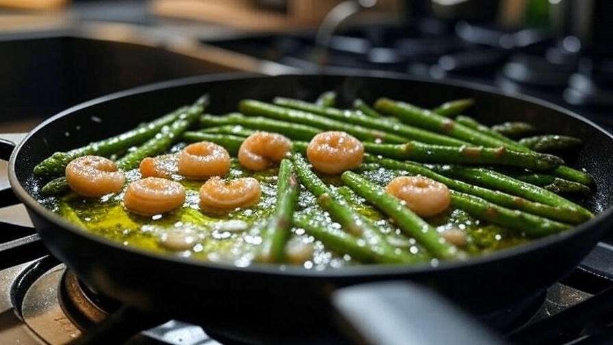 Sautéed frozen asparagus with garlic and shrimp for fast stir-fry recipes