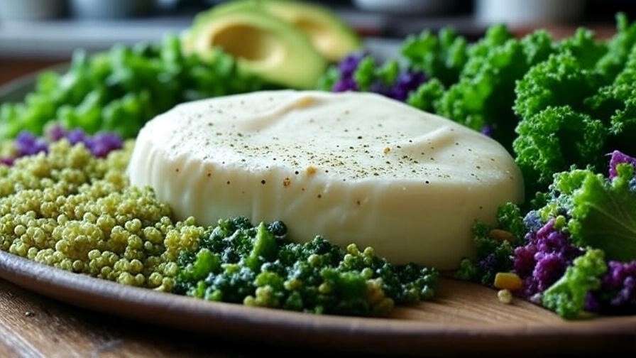 Nutritious White Rock chicken breast with quinoa, kale, and avocado on a wooden table