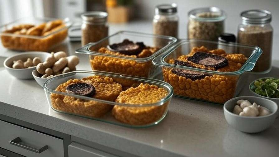 Organized halal vegan steak meal prep containers with marinades and spices for easy plant-based weekly planning.