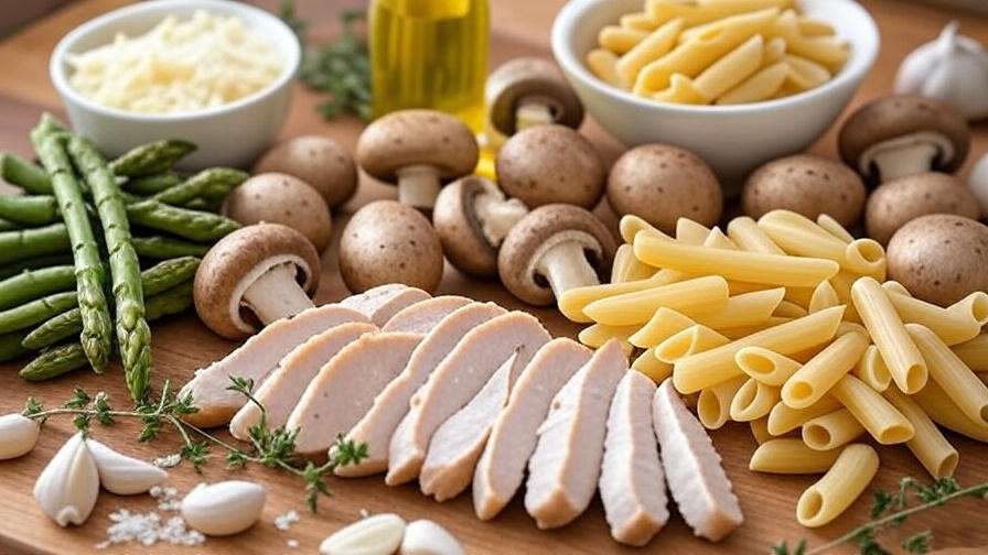 Fresh ingredients for creamy mushroom and asparagus chicken penne including chicken, mushrooms, asparagus, and pasta.