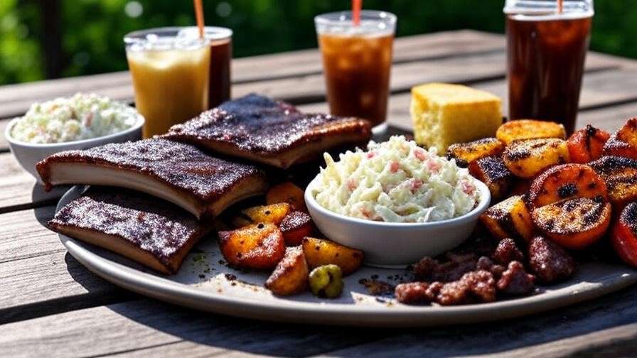 Plant-based smoked ribs served with vegan sides like coleslaw, cornbread, and grilled veggies.