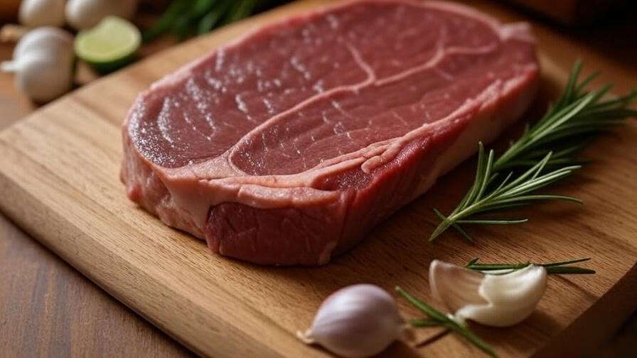Raw flank steak cut with marinade ingredients for grilling recipes.
