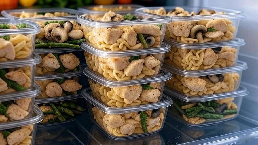 Meal prepped creamy mushroom and asparagus chicken penne in storage containers for easy reheating.