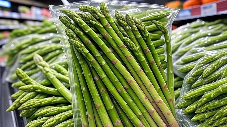 Package of frozen asparagus in freezer aisle for quality selection and storage tips