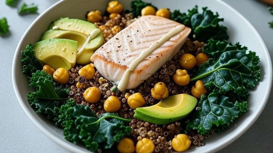 White salmon Buddha bowl with quinoa, chickpeas, kale, and avocado