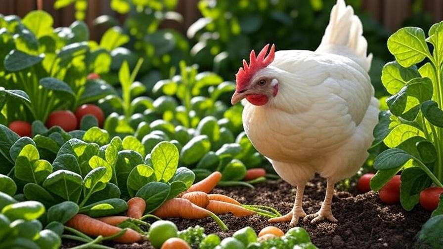 White Rock chicken foraging in a lush organic garden with carrots and spinach