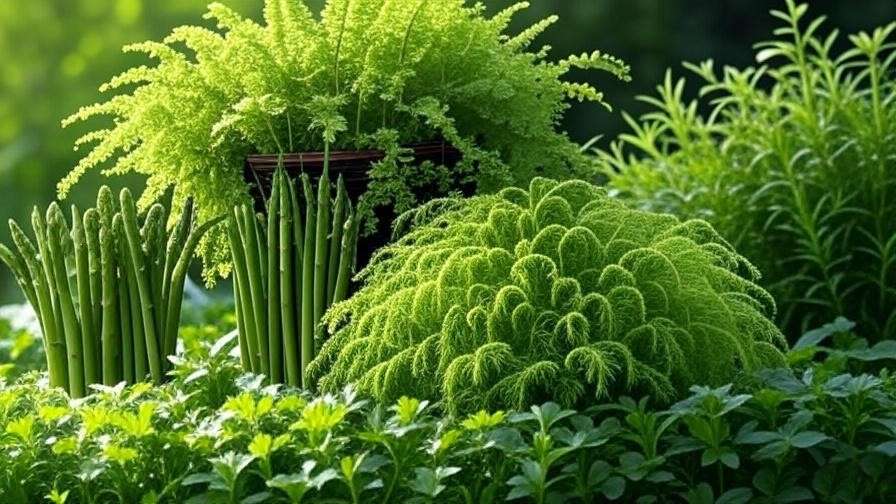 Varieties of asparagus ferns including setaceus, sprengeri, and meyersii in natural settings for identification.