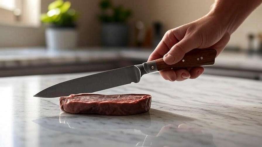 Hand honing Laguiole steak knife with ceramic rod on marble surface in serene kitchen.