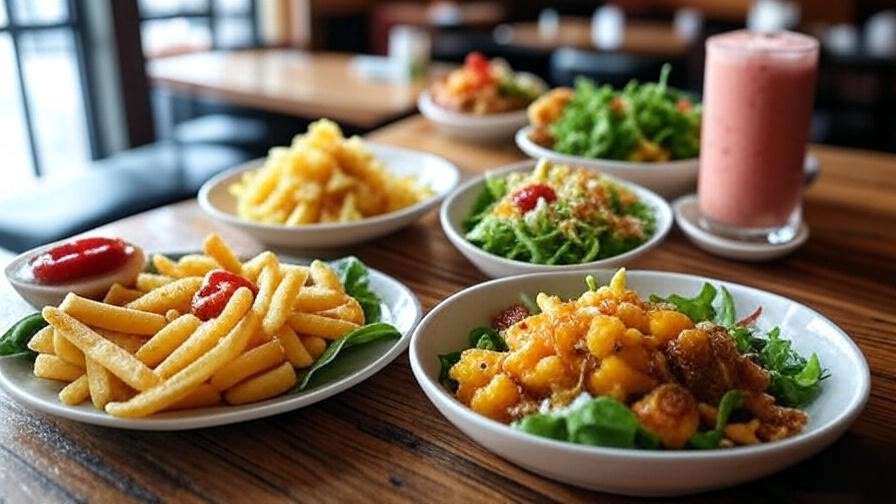 Plant-based happy hour meal with fries, salad, and fruit shake at Steak and Shake.