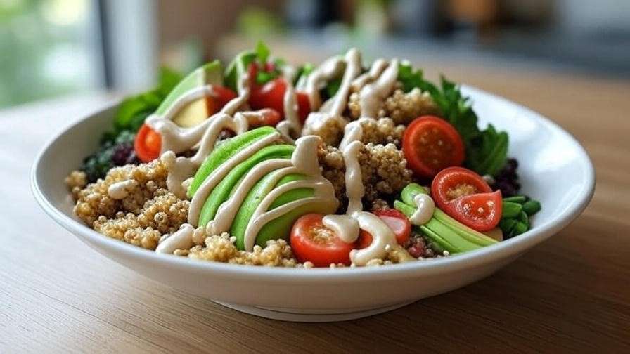 Colorful White Rock Chicken and Quinoa Buddha Bowl with tahini and tomatoes