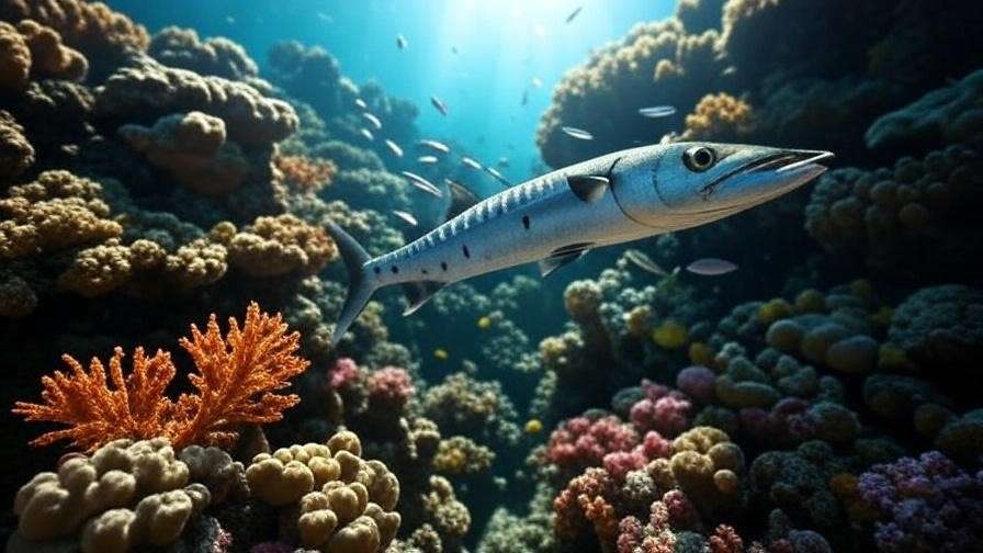 Healthy coral reef with barracuda preying on fish in a balanced aquatic ecosystem.