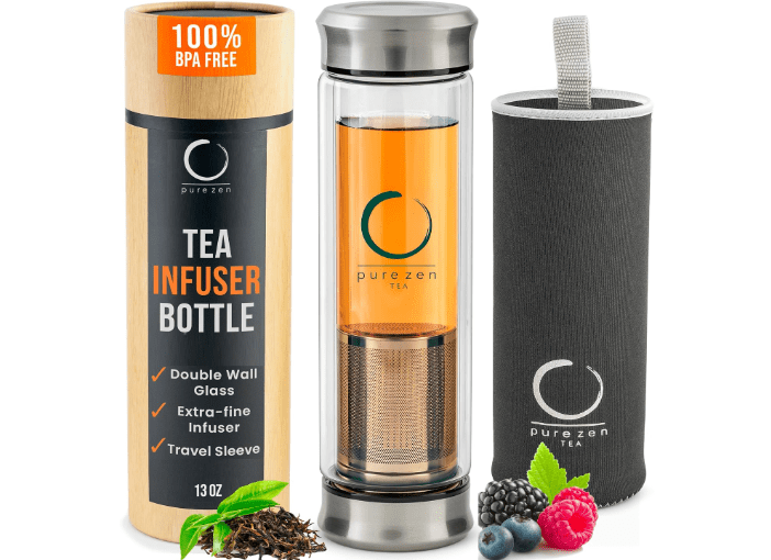 
Pure Zen Tea Tumbler with Infuser - Double Wall Glass Travel Mug with Stainless Steel Filter - Leakproof Tea Infuser Bottle for Loose Leaf Infusions and