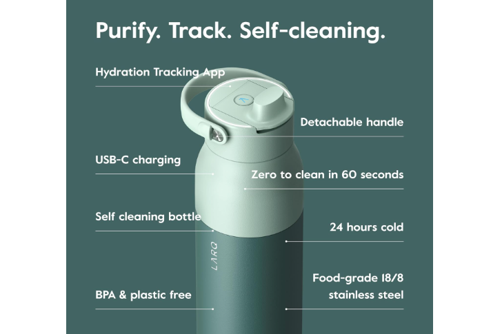 LARQ Bottle PureVis 2 - UV Water Purifier with Self-Cleaning, App Hydration Tracking, Filter Straw, Detachable Handle, Double-Wall Insulated