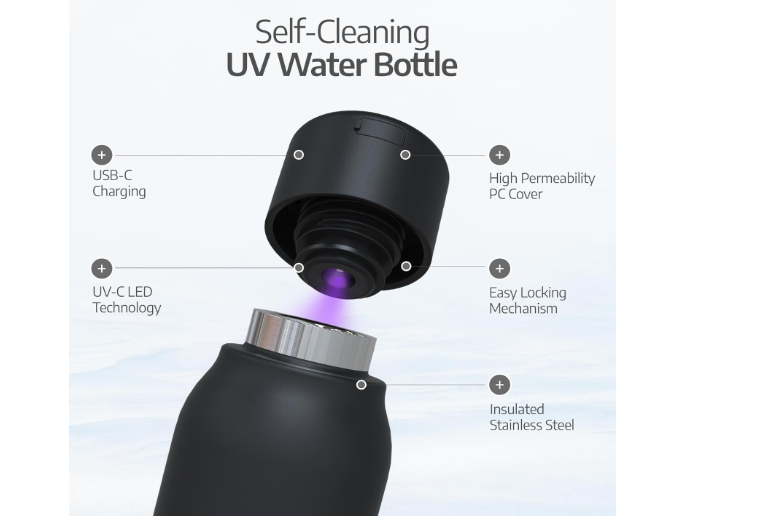 UVBRITE UV self-Cleaning and Water-Purifying Bottle TT-B02-18.6 Ounce Insulated Rechargeable Stainless-Steel Tumbler with Safety Lock Prevents Accidental