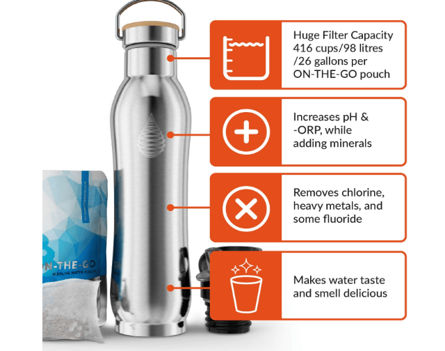 Invigorated Water pH Active Insulated Water Bottle - Filtered Alkaline Water Bottle - Stainless Steel Water Bottle - Includes Alkaline Water Filter, Plus