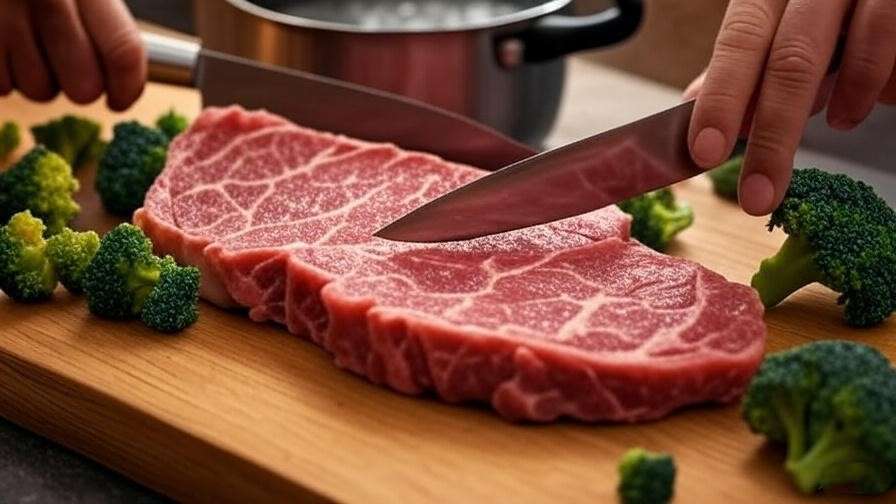 Step-by-step prep of slicing flank steak for homemade Panda Express broccoli beef.