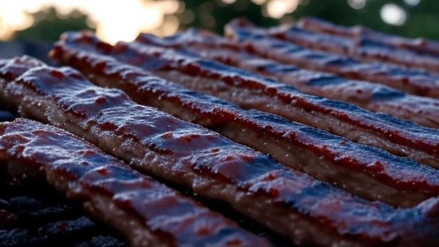 Vegan rib fingers grilling on BBQ with smoky sauce