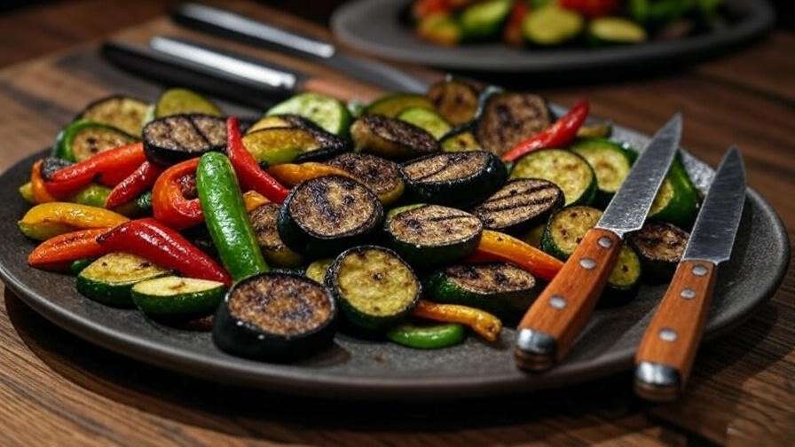 Grilled vegetable platter with Laguiole steak knives on rustic table