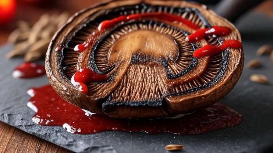 Sliced grilled portobello mushroom steak with harissa for halal plant-based meal.