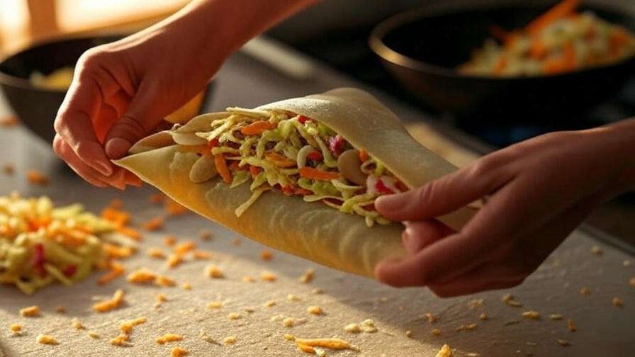 Hands rolling a vegan egg roll with colorful vegetable filling on a wrapper, set on a clean kitchen counter with a wok in the background.