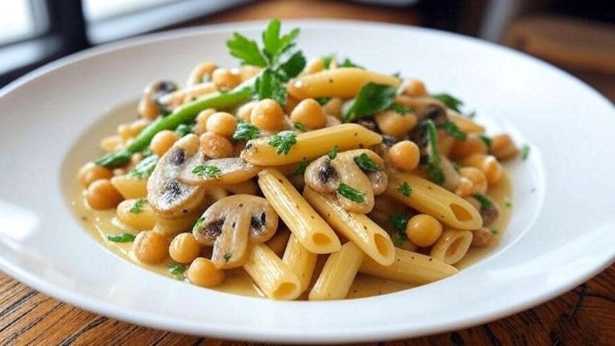 Vegetarian creamy mushroom and asparagus penne with chickpeas as a healthy alternative.