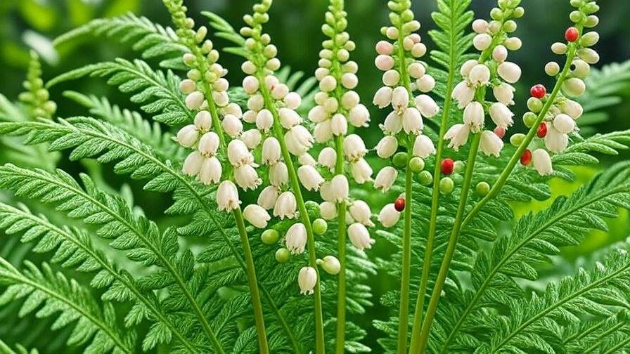 Asparagus fern flowers and ripening berries during blooming season in detailed close-up view.