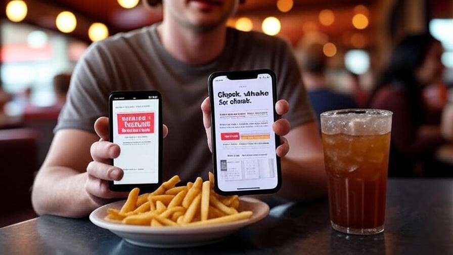 Person using Steak and Shake app for happy hour savings with fries and iced tea.