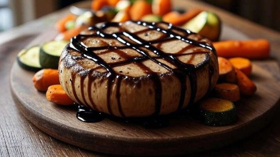 Plated portobello mushroom steak with balsamic glaze and roasted vegetables.