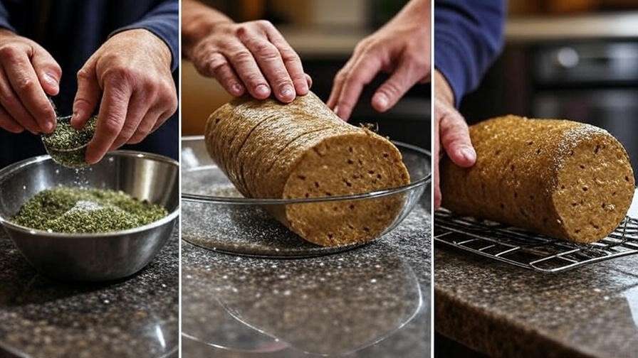 Step-by-step hands applying dry brine rub to plant-based rib roast.