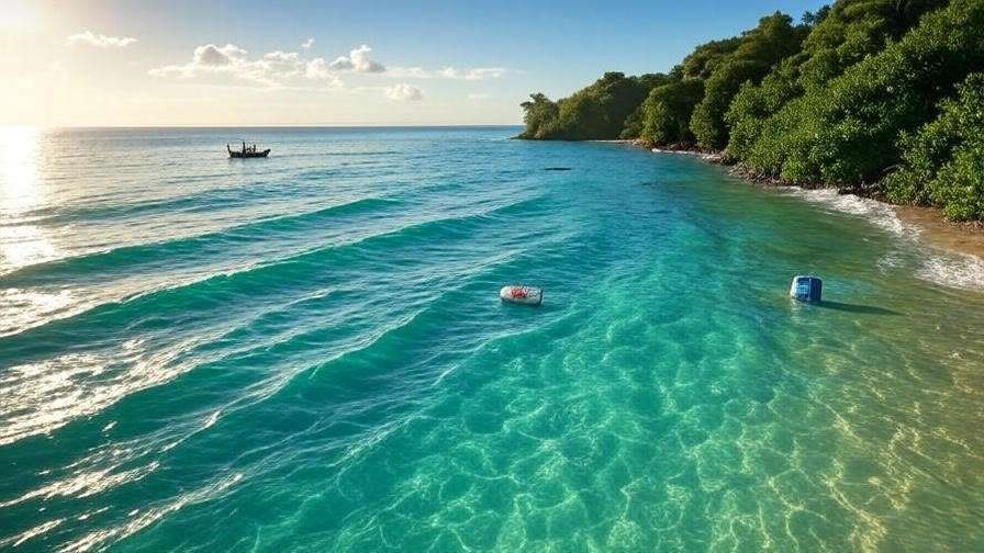 Sustainable fishery scene with ocean coastline and fishing boat