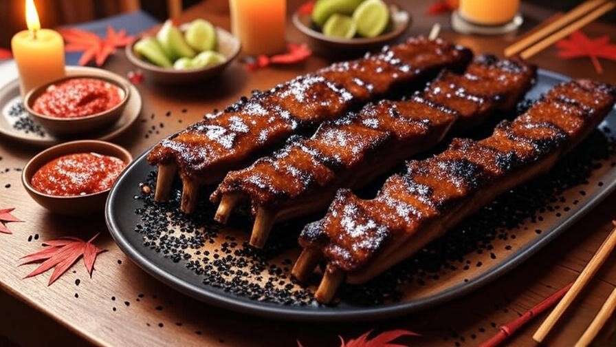 Overhead view of Asian-inspired vegan rib candy BBQ ribs with garnishes.