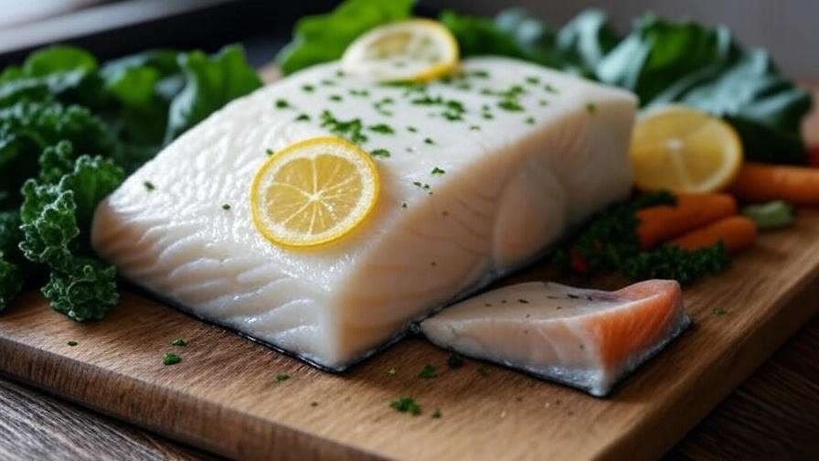 Fresh white salmon fillet with herbs and vegetables on a wooden cutting board