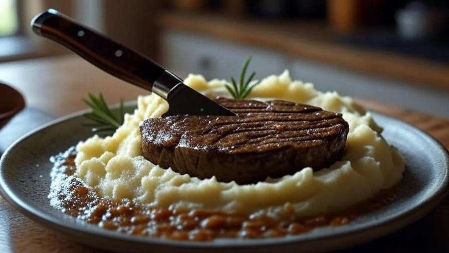 Laguiole steak knife cutting vegan seitan steak with mashed potatoes in a cozy kitchen setting.