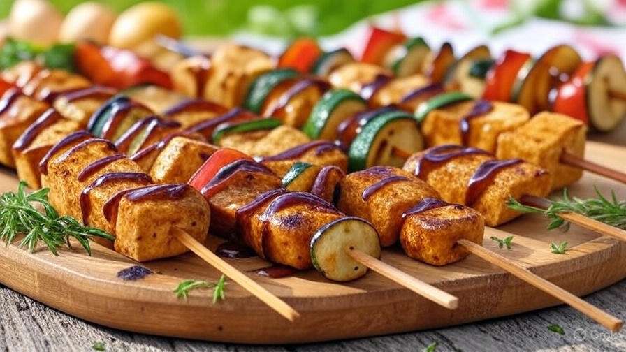 BBQ tofu skewers with grilled veggies like bell peppers and zucchini, healthy vegan BBQ recipe