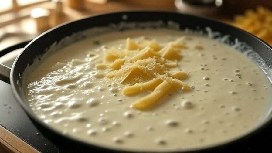 Preparing creamy sauce for mushroom and asparagus chicken penne with yogurt and cheese.
