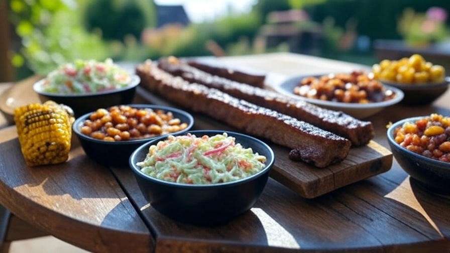 Vegan rib fingers with plant-based BBQ sides on table