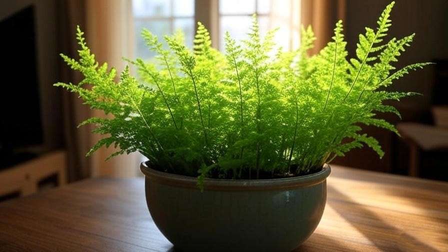 Asparagus fern in optimal indoor light conditions near window to encourage blooming season flowers.