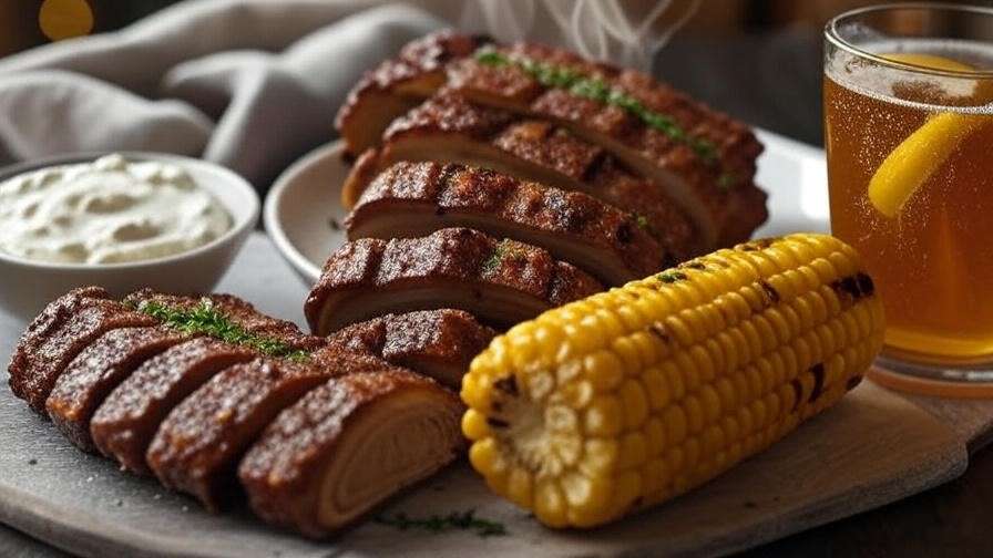 Plated vegan rib candy ribs with corn side and cider pairing for BBQ feast.