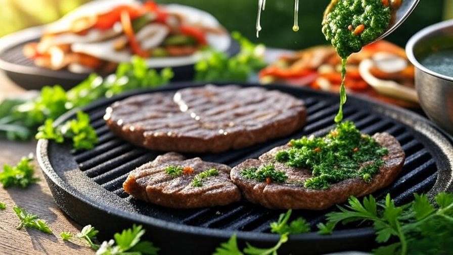 Grilled seitan flank steak recipe with chimichurri and fajita preparation.