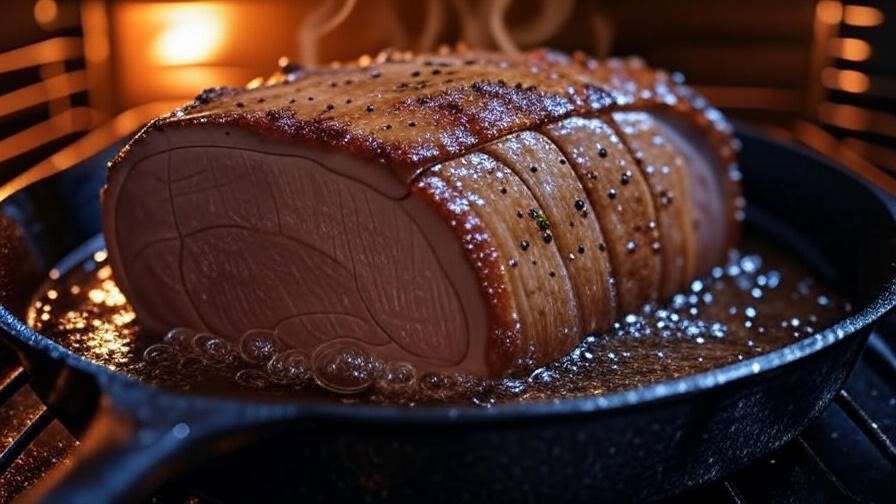 Searing golden crust on dry brined vegan rib roast in oven.